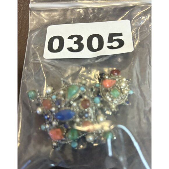 Vintage Hollycraft Multi Color Rhinestone Faux Pearl Brooch And Clip Earrings - Picture 12 of 12